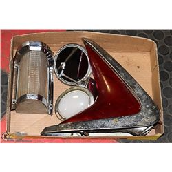 FLAT OF ANTIQUE CAR PARTS INCLUDE TAIL LIGHT,
