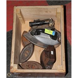 SEVERAL VINTAGE IRONS INC ART DECO IN WOOD BOX