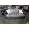 Image 2 : BRAND NEW OUTDOR RATTAN LOVE SEAT RETAIL $699 W/ DARK GREY CUSHIONS AND 2 THROW PILLOWS - POWDER COA