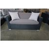 Image 2 : BRAND NEW OUTDOR RATTAN LOVE SEAT RETAIL $699 W/ DARK GREY CUSHIONS AND 2 THROW PILLOWS - POWDER COA