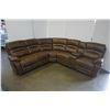 Image 1 : BRAND NEW BROWN AIR LEATHER CORNER RECLINING SECTIONAL W/ CONSOLE AND BRASS NAIL HEADS - RETAIL $289