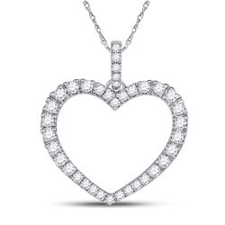 Womens Round Diamond Outline Heart Pendant 1/2 Cttw 14kt White Gold - REF-27X9A