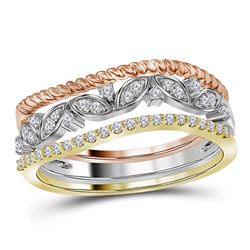 Womens Round Diamond Stackable Rope Floral Band Ring 3-Piece Set 1/5 Cttw 10kt Tri-Tone Gold - REF-2