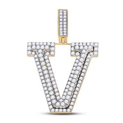 Mens Round Diamond Letter V Charm Pendant 1-3/4 Cttw 10kt Yellow Gold - REF-87M5H