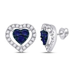 Womens Round Blue Sapphire Diamond Heart Earrings 7/8 Cttw 10kt White Gold - REF-19N9F