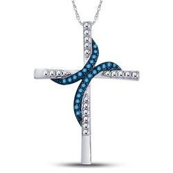 Womens Round Blue Color Enhanced Diamond Cross Pendant 1/8 Cttw 10kt White Gold - REF-9K5Y