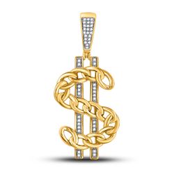 Mens Round Diamond Chain Link Dollar Charm Pendant 1/8 Cttw 10kt Yellow Gold - REF-38W9K