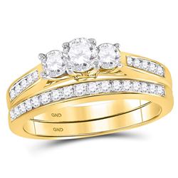 Round Diamond Bridal 3-Stone Wedding Engagement Ring Band Set 1 Cttw 14kt Yellow Gold - REF-107K9Y