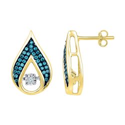 Womens Round Blue Color Enhanced Diamond Teardrop Earrings 1/4 Cttw 10kt Yellow Gold - REF-27W9K