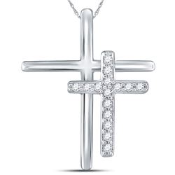 Womens Round Diamond Double Cross Pendant 1/10 Cttw 14kt White Gold - REF-8A5M