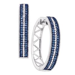 Womens Round Blue Color Enhanced Diamond Hoop Earrings 1/2 Cttw 10kt White Gold - REF-38N9F