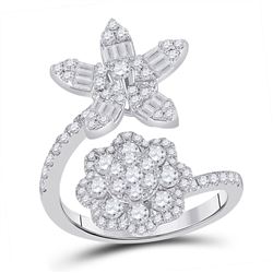 Womens Baguette Diamond Bypass Flower Cocktail Ring 1-1/3 Cttw 14kt White Gold - REF-98W5K