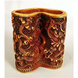 A CONTEMPORARY CARVED BONE BRUSH POT