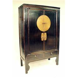 A BLACK LACQUERED PINE AND ELM TWO DRAW