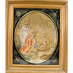 AN EGLOMISE AND PARCEL GILT FRAMED SILK