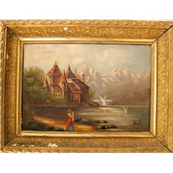 A FRAMED OIL ON SLATE