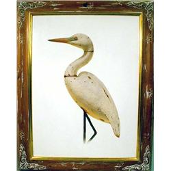 A FRAMED PRINT OF A HERON DECOY