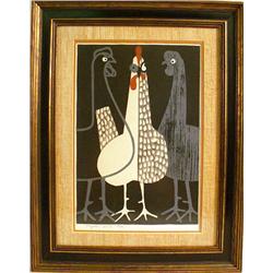 A FRAMED COLOR WOODBLOCK PRINT ON PAPER