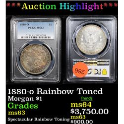 ***Auction Highlight*** PCGS 1880-o Rainbow Toned Morgan Dollar $1 Graded ms63 By PCGS (fc)