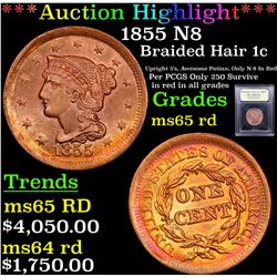 ***Auction Highlight*** 1855 N8 Braided Hair Large Cent 1c Graded GEM Unc RD By USCG (fc)