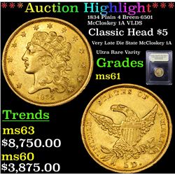 ***Auction Highlight*** 1834 Plain 4 Breen-6501 McCloskey 1A VLDS Classic Head Gold Half Eagle $5 Gr