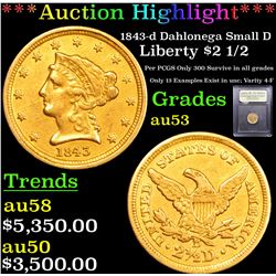 ***Auction Highlight*** 1843-d Dahlonega Small D Gold Liberty Quarter Eagle $2 1/2 Graded Select AU 