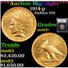 Image 1 : ***Auction Highlight*** 1914-p Gold Indian Eagle $10 Graded Select Unc By USCG (fc)