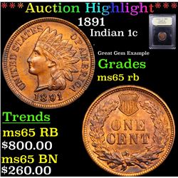 ***Auction Highlight*** 1891 Indian Cent 1c Graded GEM Unc RB By USCG (fc)