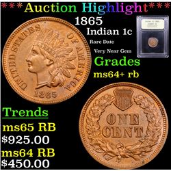 ***Auction Highlight*** 1865 Indian Cent 1c Graded Choice+ Unc RB By USCG (fc)