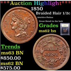 ***Auction Highlight*** 1850 Braided Hair Half Cent 1/2c Graded Select Unc BN By USCG (fc)