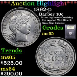 ***Auction Highlight*** 1892-p Barber Dime 10c Graded GEM Unc By USCG (fc)