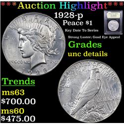 ***Auction Highlight*** 1928-p Peace Dollar $1 Graded Unc Details By USCG (fc)