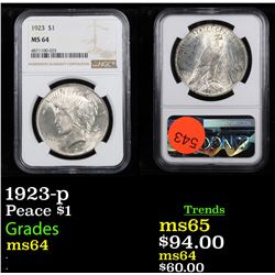 NGC 1923-p Peace Dollar $1 Graded ms64 By NGC