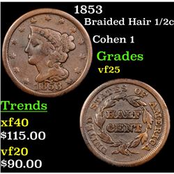 1853 Braided Hair Half Cent 1/2c Grades vf+