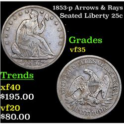 1853-p Arrows & Rays Seated Liberty Quarter 25c Grades vf++