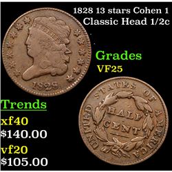 1828 13 stars Cohen 1 Classic Head half cent 1/2c Grades vf+