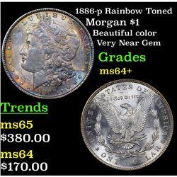 1886-p Rainbow Toned Morgan Dollar $1 Grades Choice+ Unc