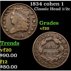 1834 cohen 1 Classic Head half cent 1/2c Grades vf, very fine