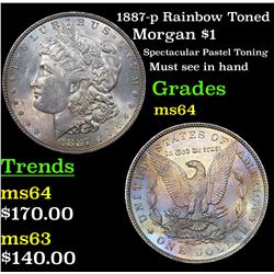 1887-p Rainbow Toned Morgan Dollar $1 Grades Choice Unc