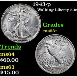 1943-p Walking Liberty Half Dollar 50c Grades Select+ Unc