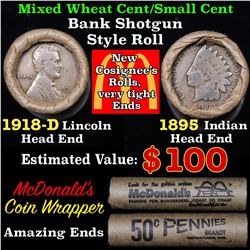 Mixed small cents 1c orig shotgun roll, 1918-d Wheat Cent, 1895 Indian Cent other end, McDnalds Wrap
