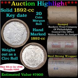 ***Auction Highlight*** Full solid date 1892-cc Morgan silver dollar roll, 20 coins (fc)