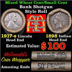 Mixed small cents 1c orig shotgun roll, 1917-s Wheat Cent, 1898 Indian Cent other end, McDnalds Wrap