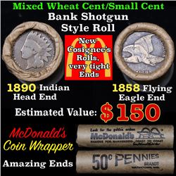 Mixed small cents 1c orig shotgun roll, 1858 Flying Eagle Cent, 1890 Indian Cent other end, McDonald