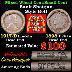 Mixed small cents 1c orig shotgun roll, 1917-d Wheat Cent, 1898 Indian Cent other end,McDnalds Wrapp