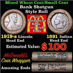 Mixed small cents 1c orig shotgun roll, 1919-s Wheat Cent, 1891 Indian Cent other end, McDonalds Wra