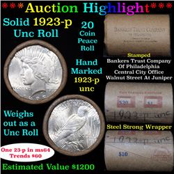 ***Auction Highlight*** 1923-p Uncirculated Peace Dollar Shotgun Roll (fc)