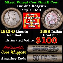 Mixed small cents 1c orig shotgun roll, 1913-d Wheat Cent, 1891 Indian Cent other end, McDonalds Wra