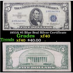 1953A $5 Blue Seal Silver Certificate Grades vf+