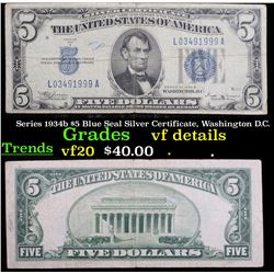 1934c $5 Blue Seal Federal Reserve Note, Philadelphia 3-C Grades